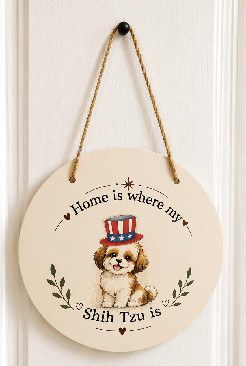 Round metal sign with a Shih Tzu illustration and text 'Home is where my Shih Tzu is' on a white background.
