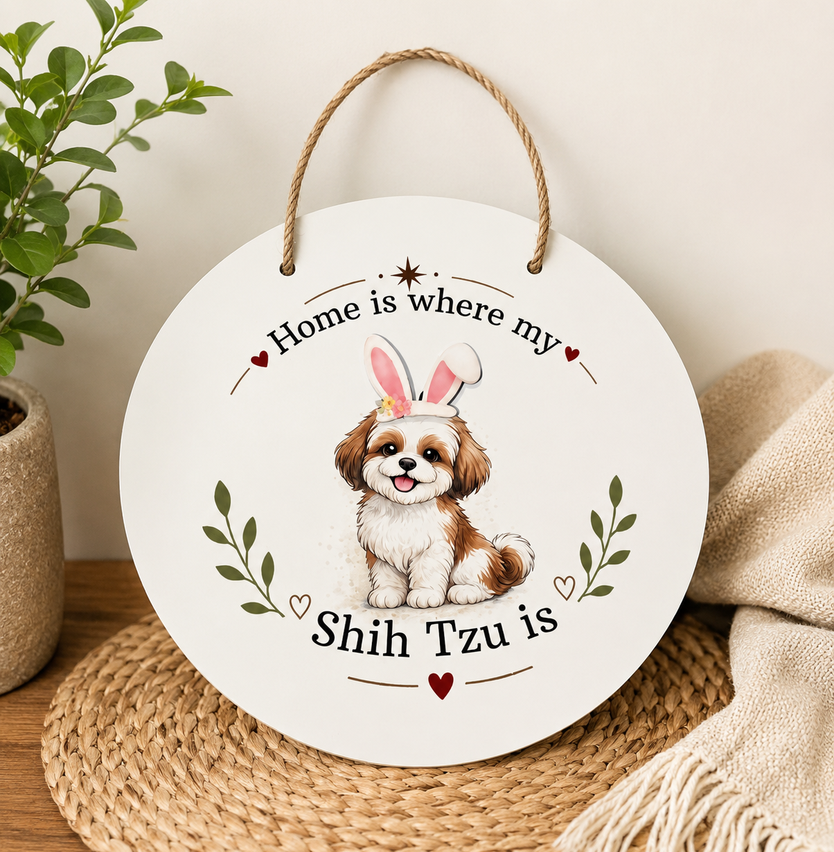Decorative sign with a Shih Tzu dog wearing bunny ears and text 'Home is where my Shih Tzu is' on a wooden surface.