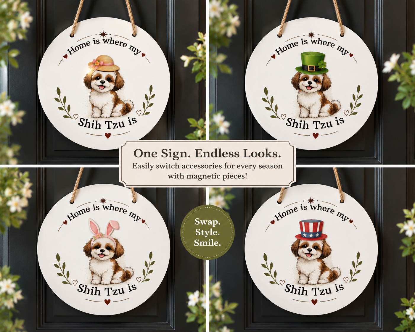 Set of four decorative metal signs with Shih Tzu illustrations and changing accessories on a dark background.