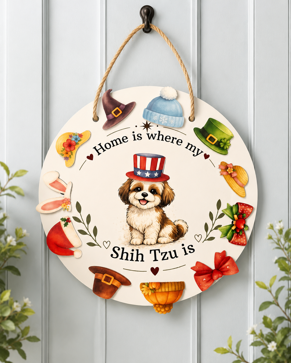 Decorative sign with a Shih Tzu dog illustration and festive elements on a white background.