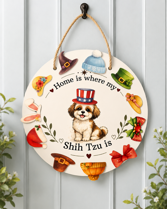 Decorative sign with a Shih Tzu dog illustration and festive elements on a white background.