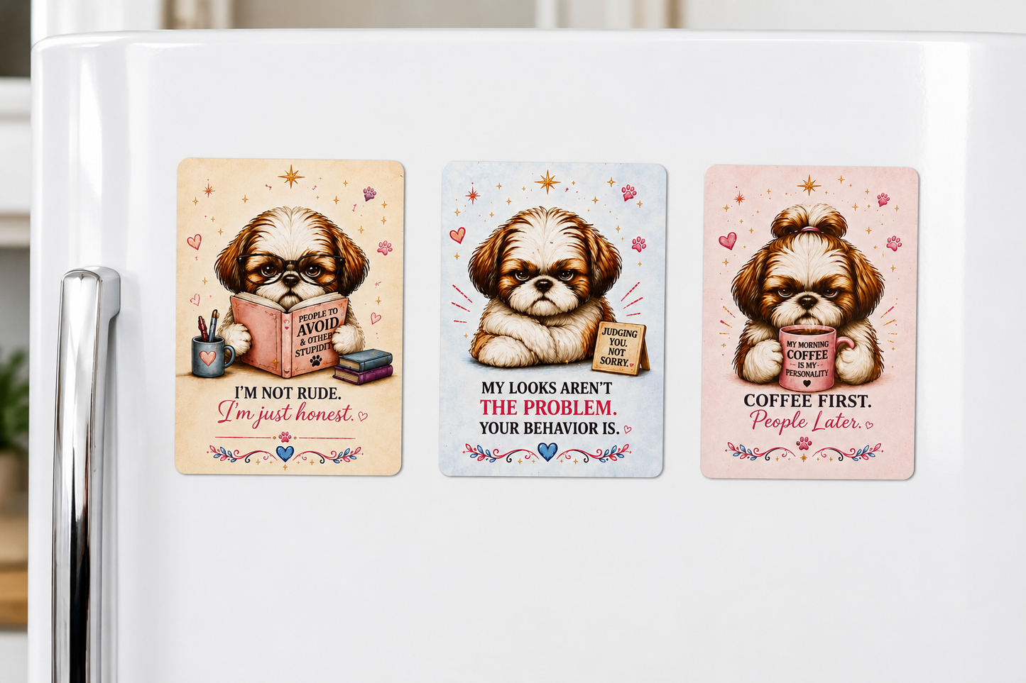 Three shih tzu themed magnets on a refrigerator door.