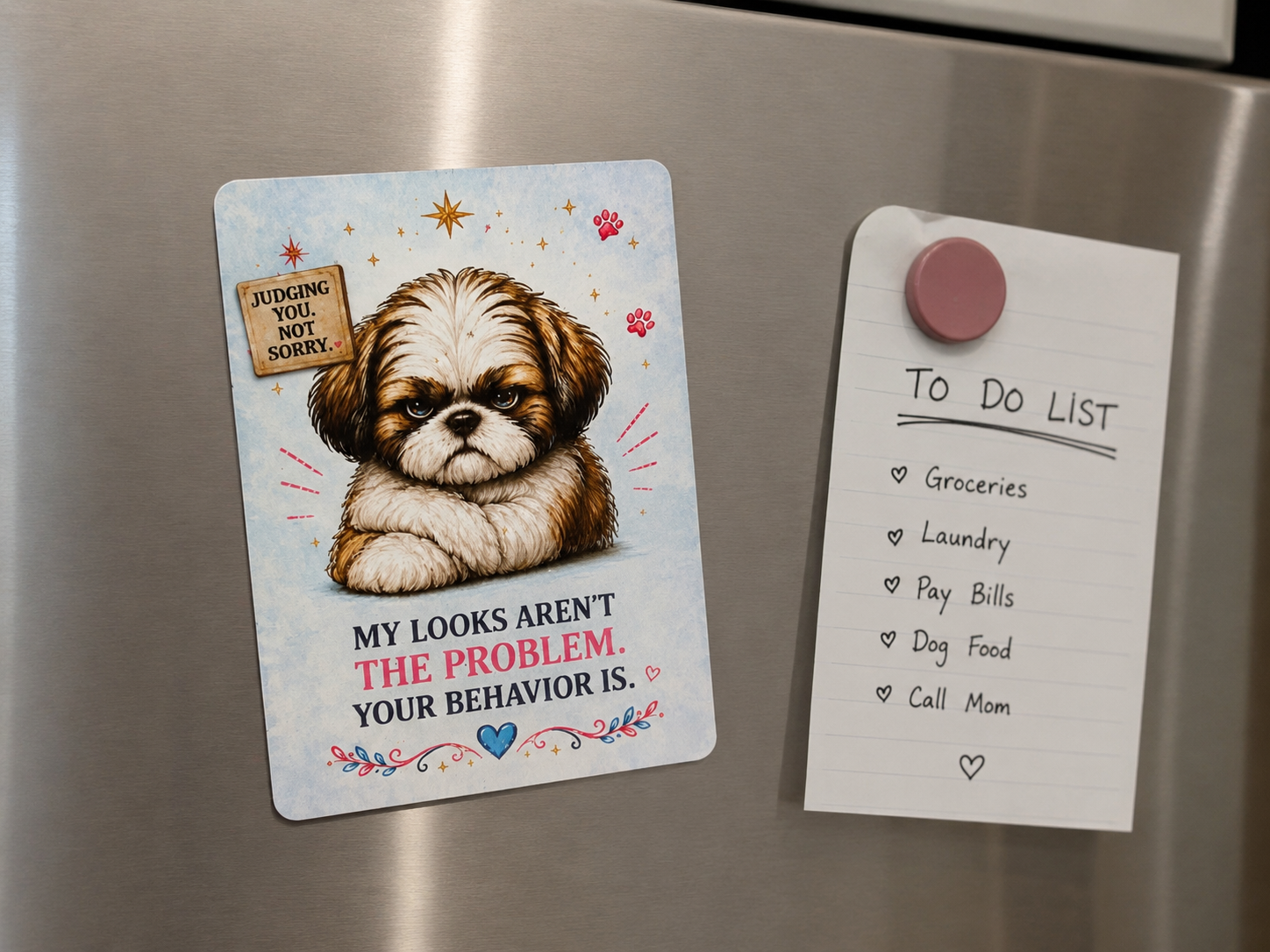 Fridge magnet with a Shih Tzu  dog illustration and text on a metallic refrigerator.