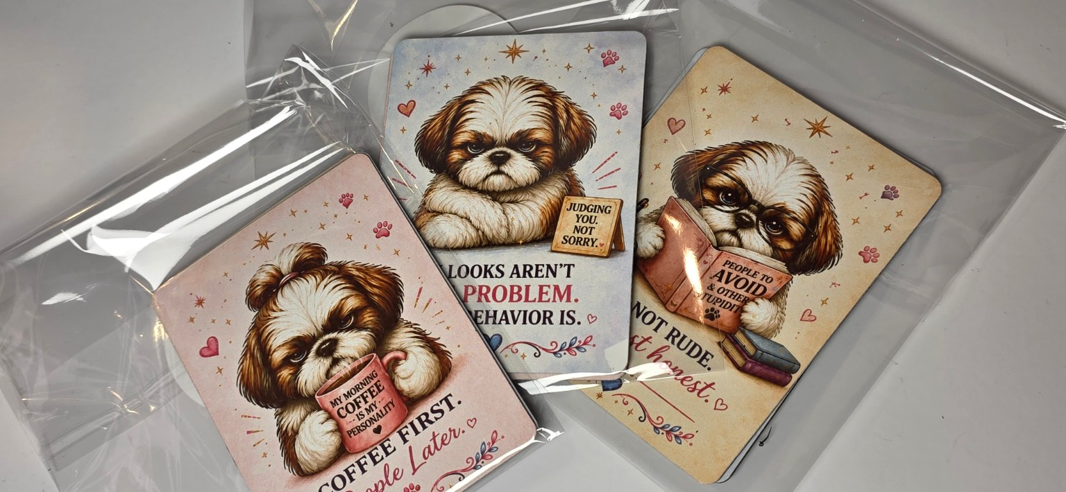 Three magnets with Shih Tzu dog illustrations and humorous text on a clear surface