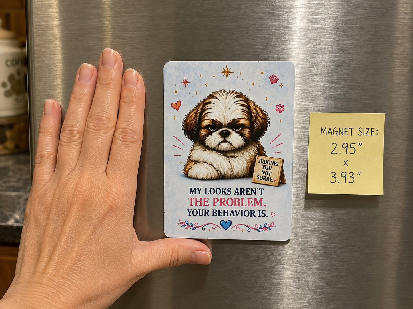 Magnet with a Shih Tzu dog illustration and text on a refrigerator, hand shown for scale.