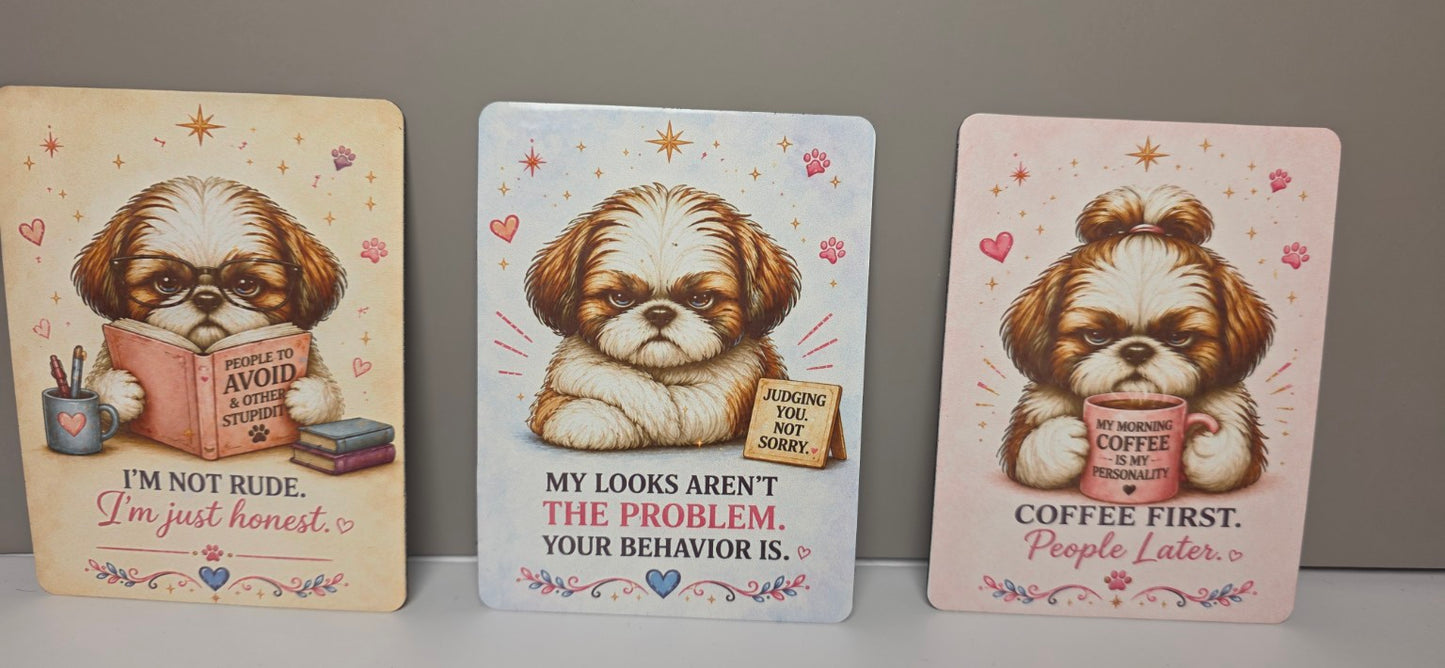 Three decorative magnets with Shih Tzu dogs and humorous text on a gray background
