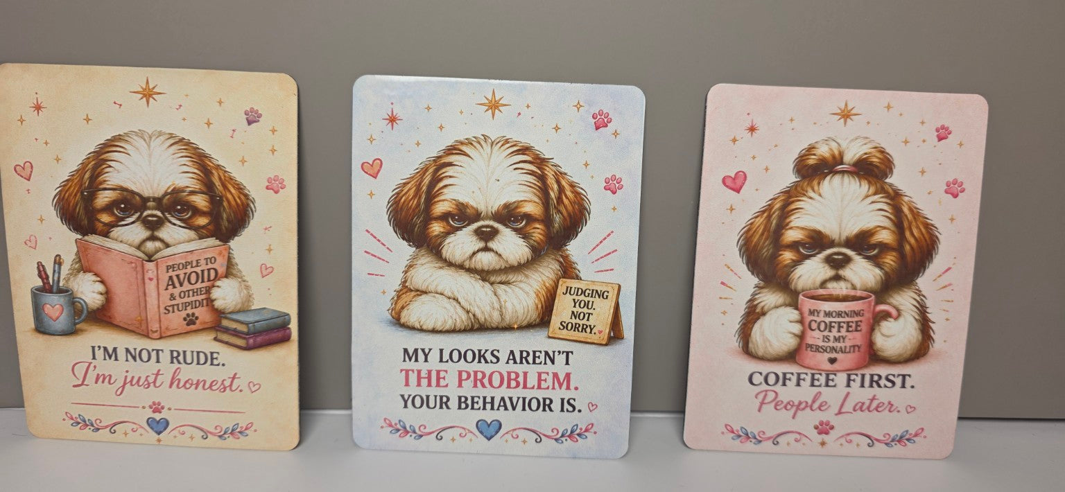 Three decorative magnets with Shih Tzu dogs and humorous text on a gray background