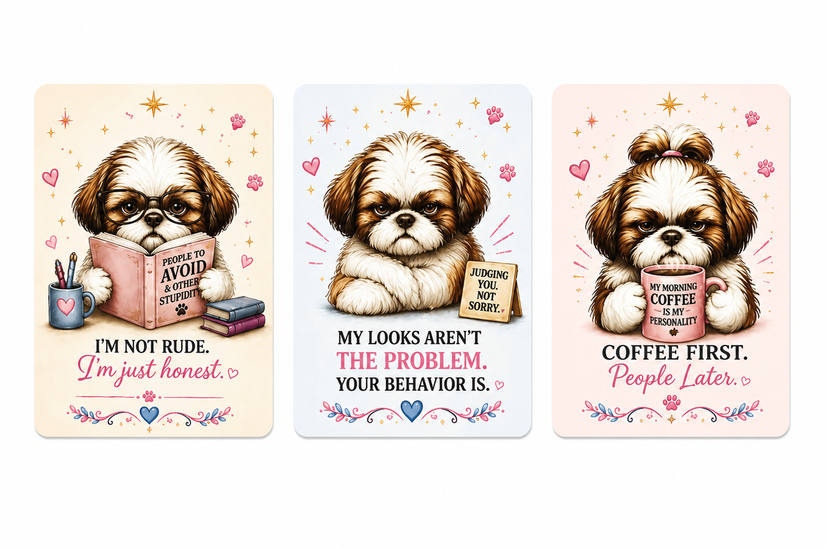 Three illustrated dog cards with humorous quotes, shown side by side on a white background. The left card shows a Shih Tzu puppy reading a book and says, 'I'M NOT RUDE.