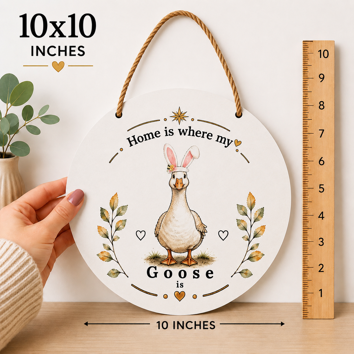 A round 10x10 inch hanging wall sign held by a hand, featuring a cartoon goose with a bow and the text 'Home is where my Goose is'. The sign has a rope hanger and is shown next to a wooden ruler and a small plant, with text indicating its dimensions.