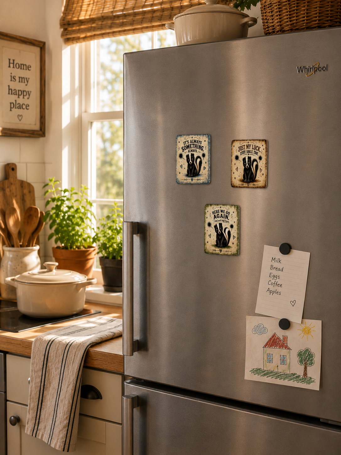 A stainless steel Whirlpool refrigerator in a warm, sunlit kitchen, decorated with three vintage-style black-and-white ceramic magnets and two handwritten notes on the lower right door.