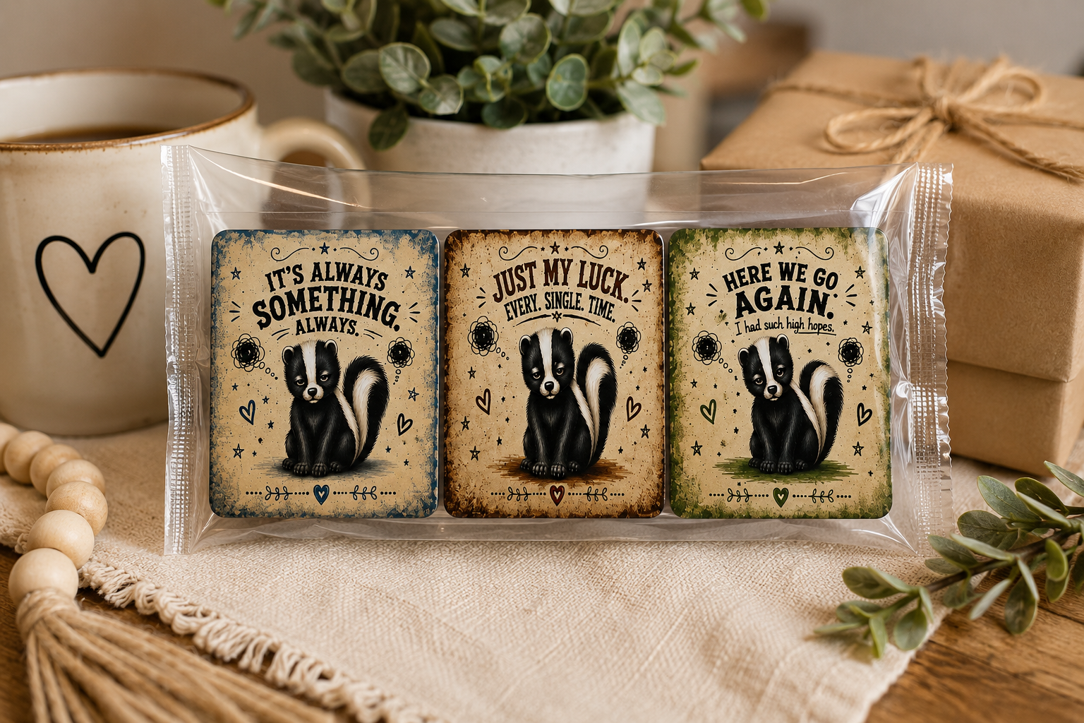 Three small printed cards or tags sealed in a clear plastic sleeve, displayed on a beige fabric surface with a mug, plant, wrapped gift, and decorative beads in the background. The cards feature skunk illustrations and phrases: 'IT'S ALWAYS SOMETHING ALWAYS,' 'JUST MY LUCK EVERY SINGLE TIME,' and 'HERE WE GO AGAIN.