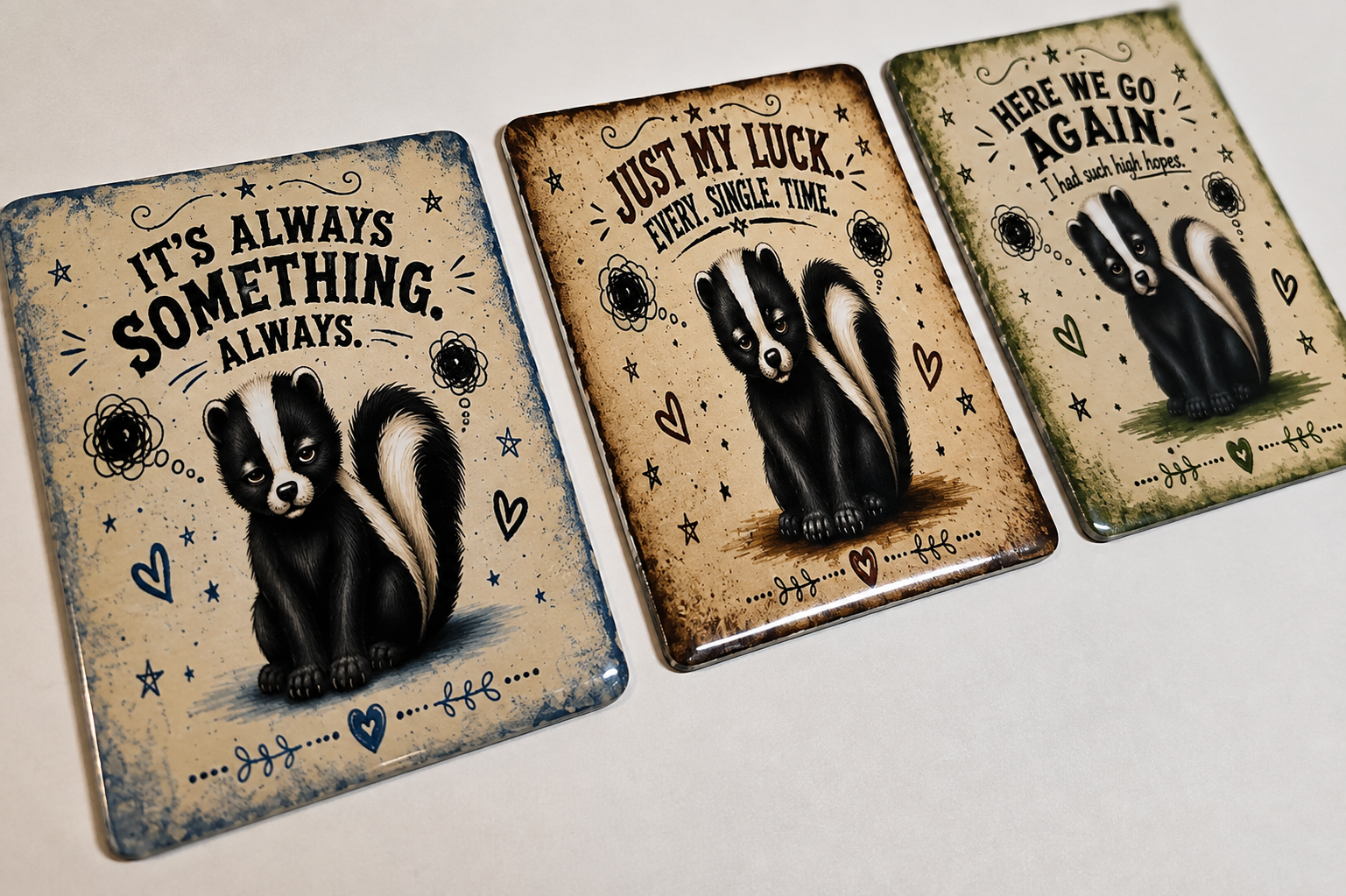 Three rectangular decorative magnets with rounded corners displayed diagonally on a light surface. Each magnet features a skunk illustration and humorous quote: 'IT'S ALWAYS SOMETHING.