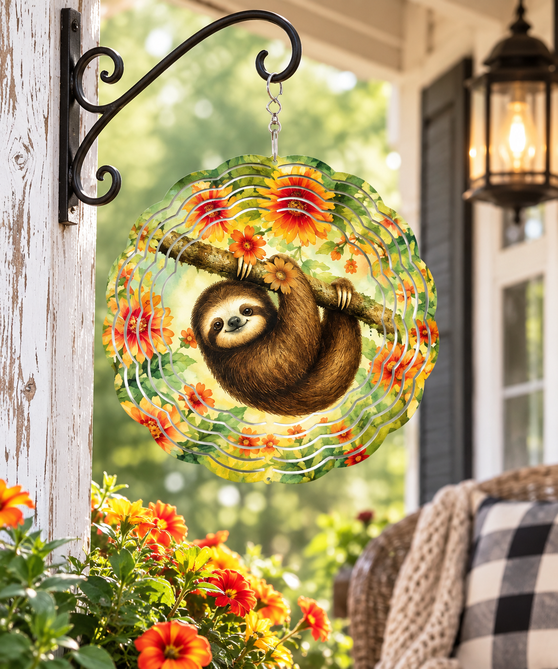 A circular hanging garden sign featuring a sloth hanging from a branch, surrounded by orange flowers and green leaves, suspended from a black metal bracket on a porch post.
