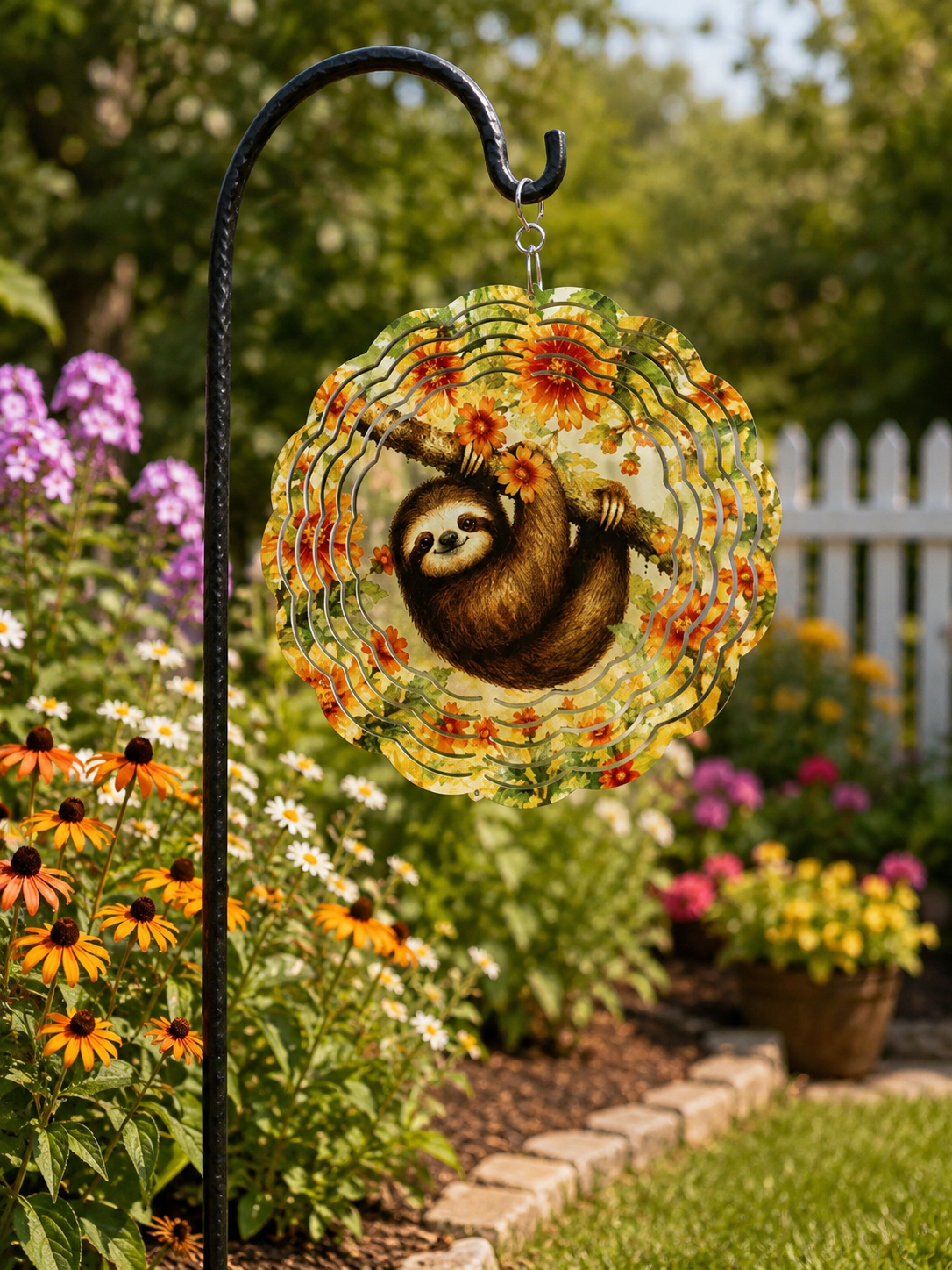 A circular wind spinner featuring a sloth hanging from a branch among orange flowers, displayed on a black metal garden stake in a lush garden setting.