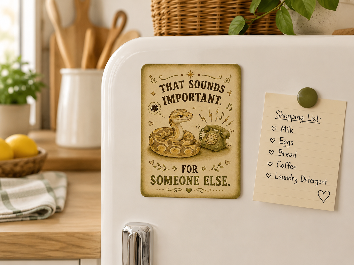 Fridge with a decorative magnet and shopping list in a kitchen setting