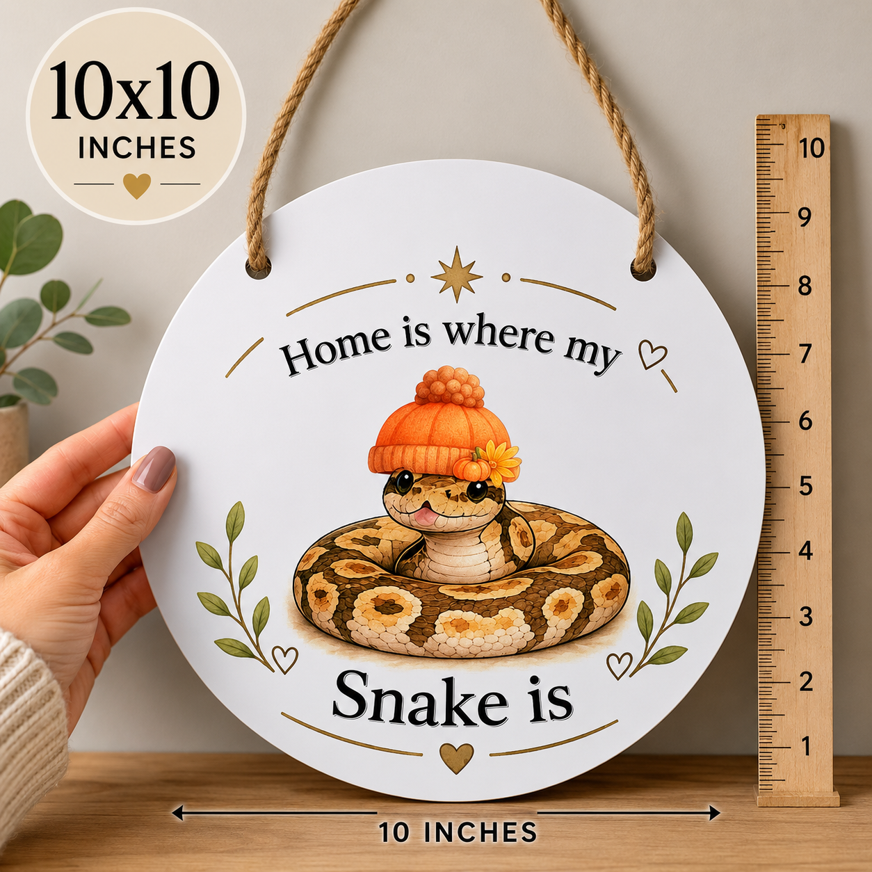 Round decorative sign with a snake illustration and text, held by a hand with a ruler for scale.