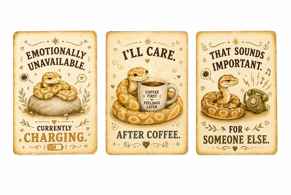 Three vintage-style illustrated sign designs featuring snakes and coffee-themed text, shown side by side on a white background.