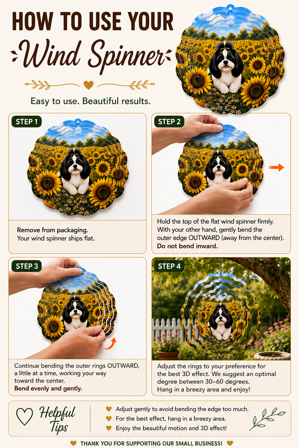 An instructional infographic titled 'HOW TO USE YOUR Wind Spinner' with four labeled steps showing hands bending a circular spinner made of sunflower patterns and a black-and-white dog portrait, plus tips and a small 'Helpful Tips' section on a beige background.