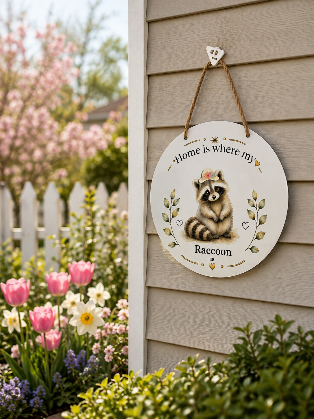 A round white hanging plaque with a raccoon illustration and the text 'Home is where my Raccoon is' hangs on a beige house exterior beside a flowerbed with pink tulips and greenery.