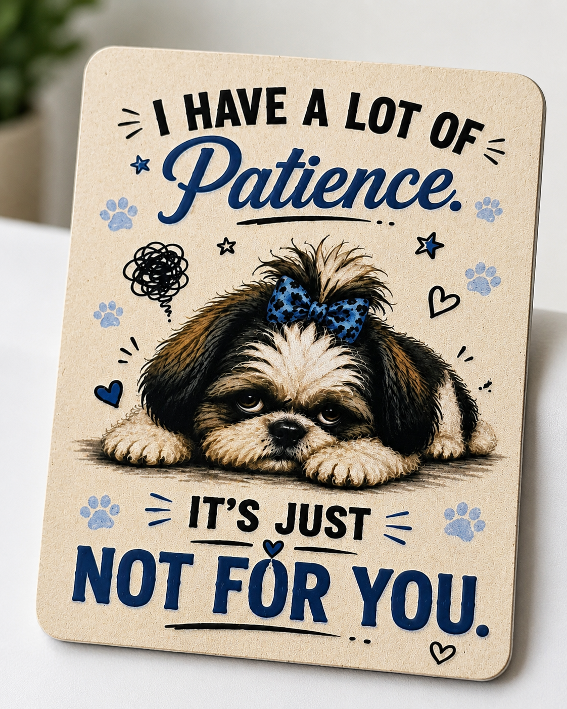 magnetic sign with a dog illustration and humorous text on a white surface
