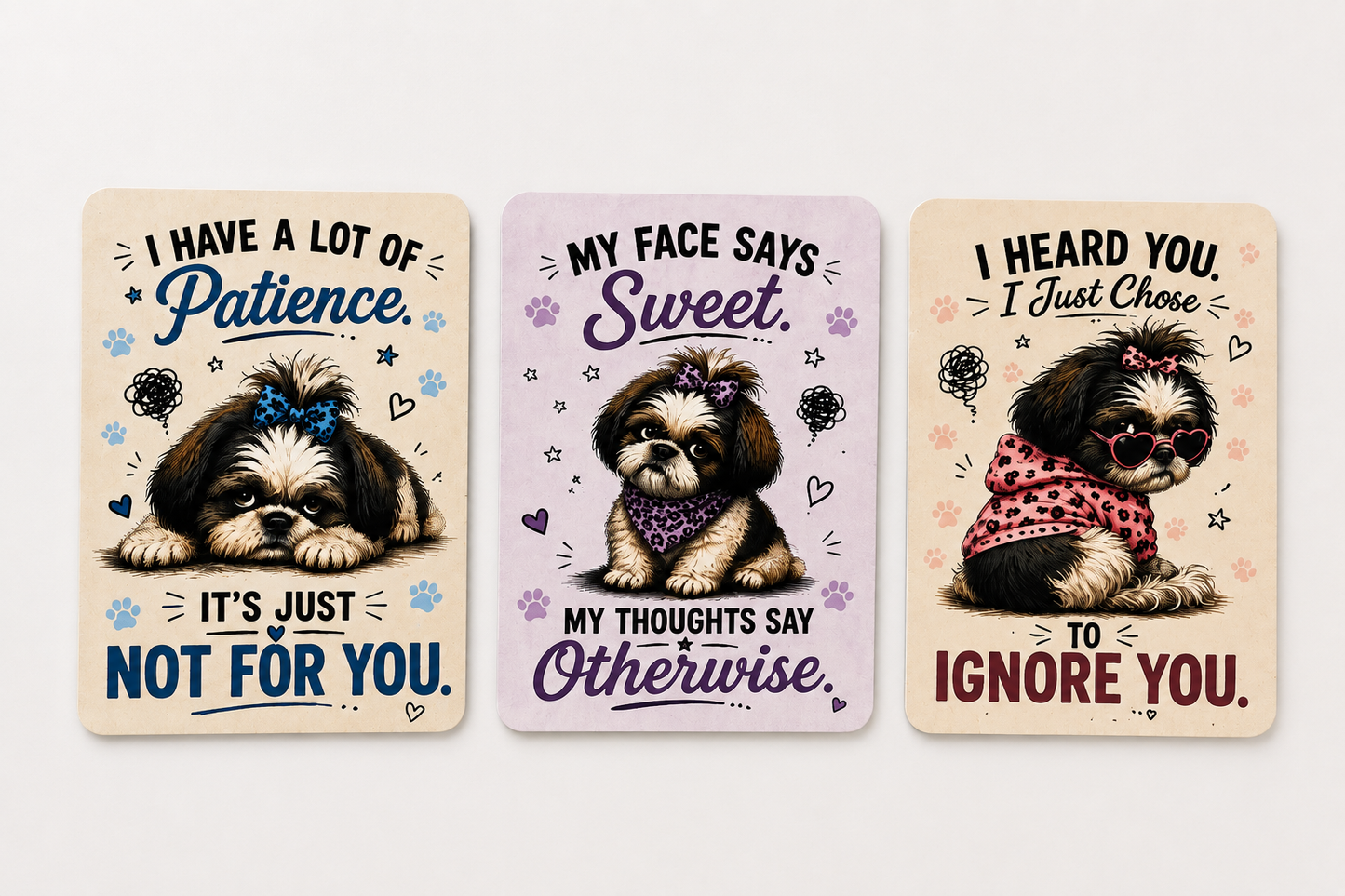 Three humorous dog-themed cards with cute illustrations and text on a light gray background.