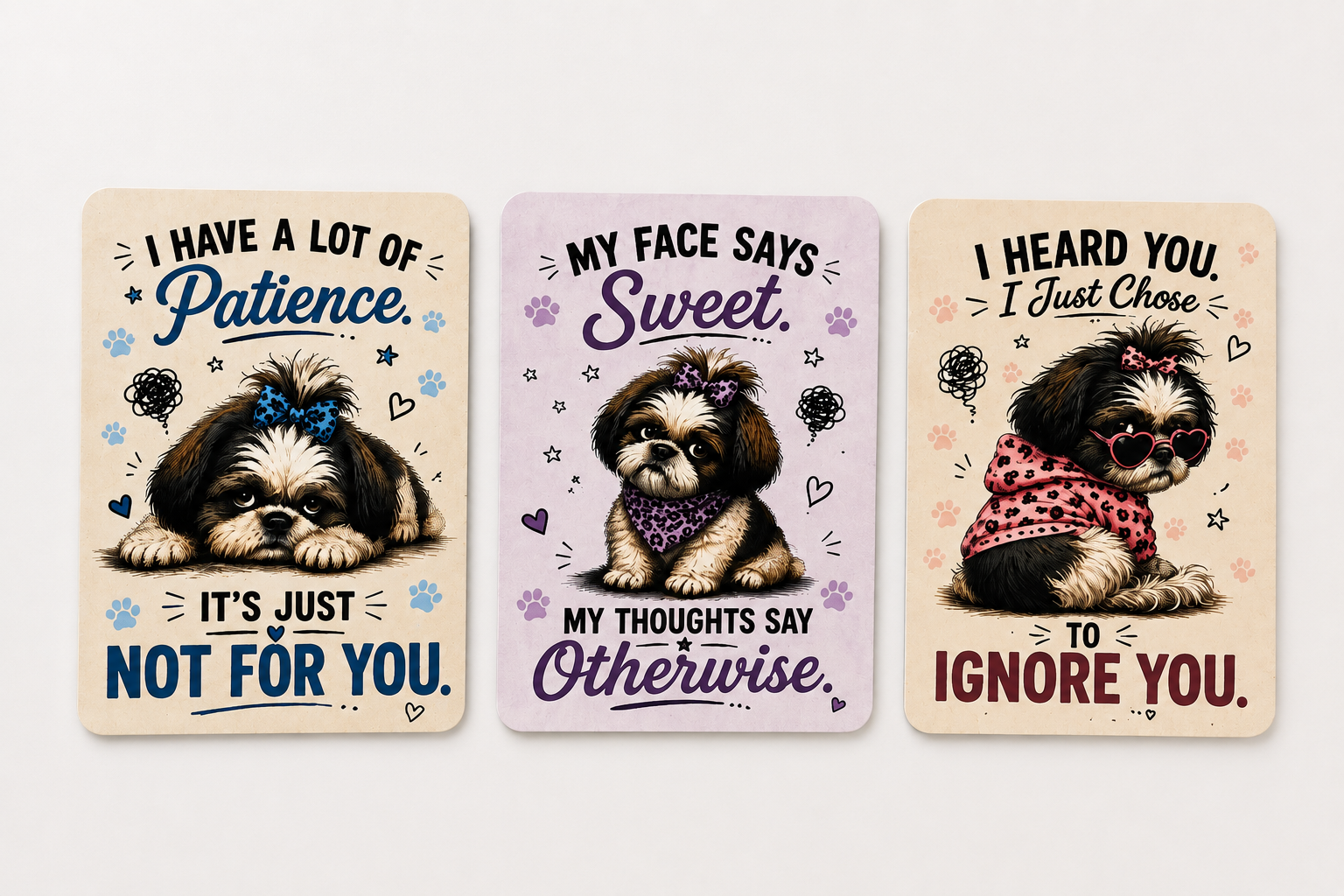 Three humorous dog-themed cards with cute illustrations and text on a light gray background.
