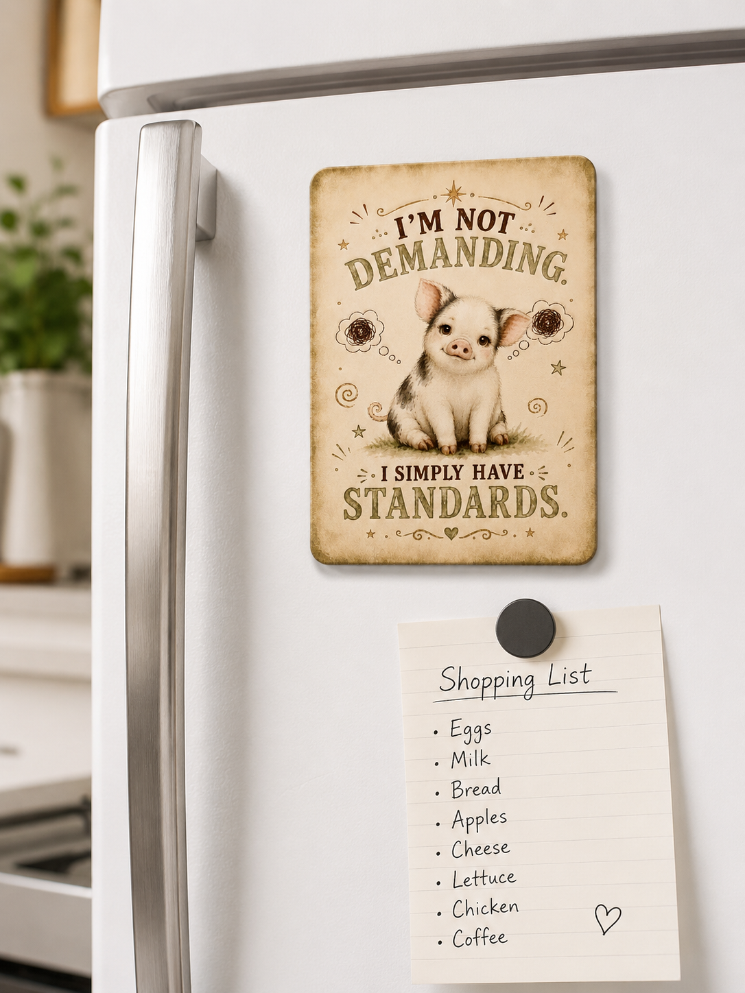 Fridge magnet with a pig illustration and text on a refrigerator.