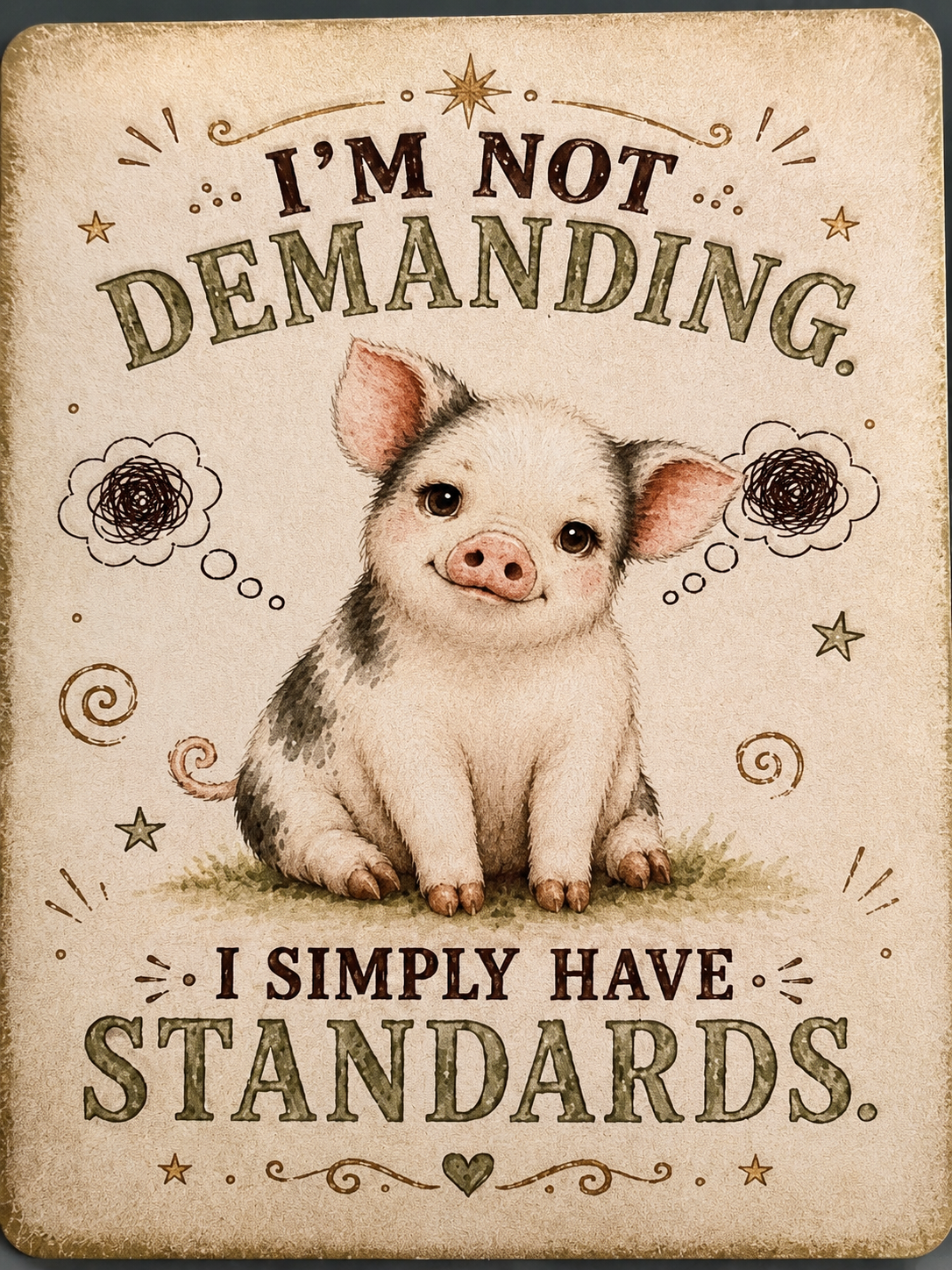 Vintage-style mini pig-themed magnet illustration and humorous text on a beige background