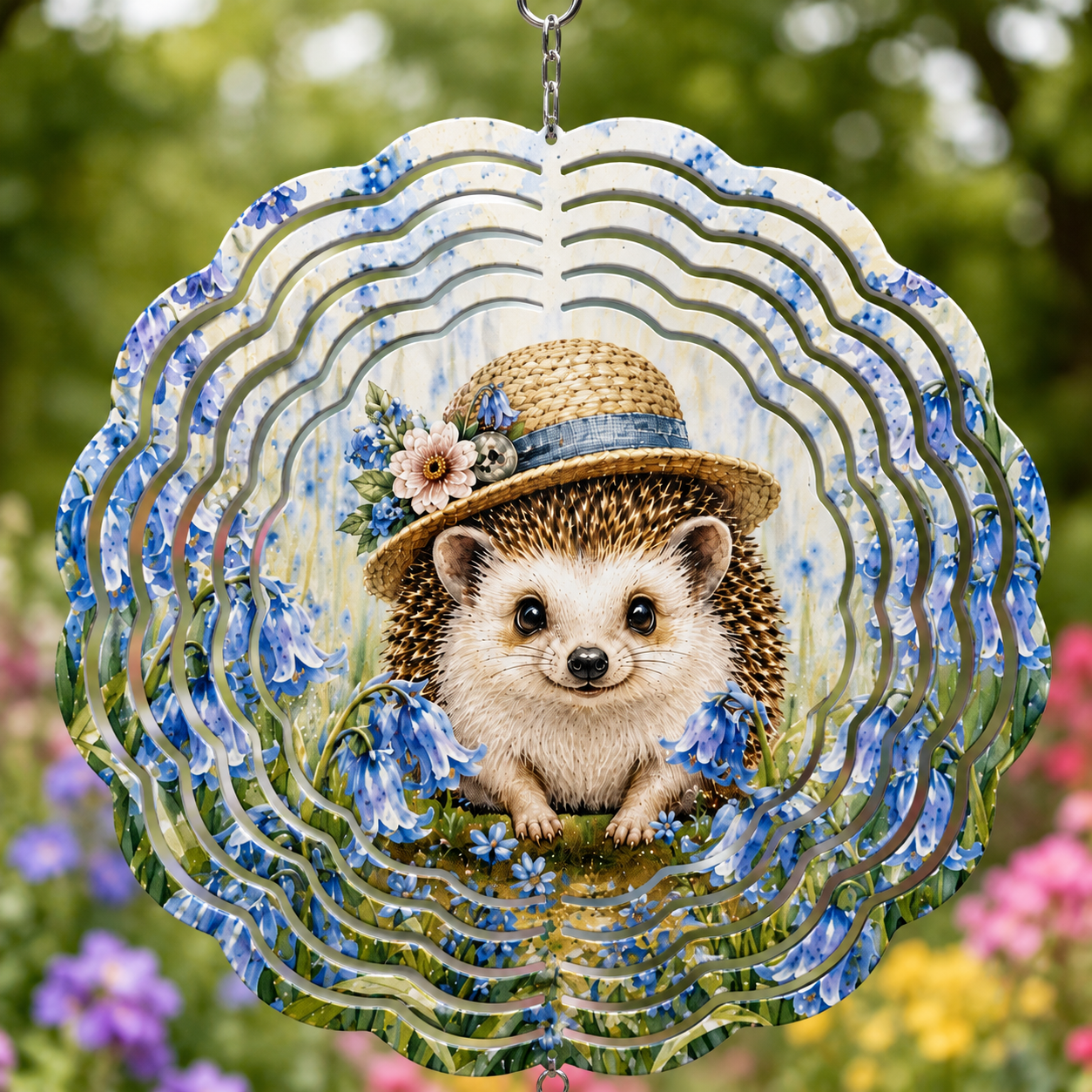 A decorative hanging garden ornament shaped like a scalloped round plate, featuring a printed hedgehog wearing a straw hat with blue flowers around it. The ornament is shown outdoors against a blurred green garden background.