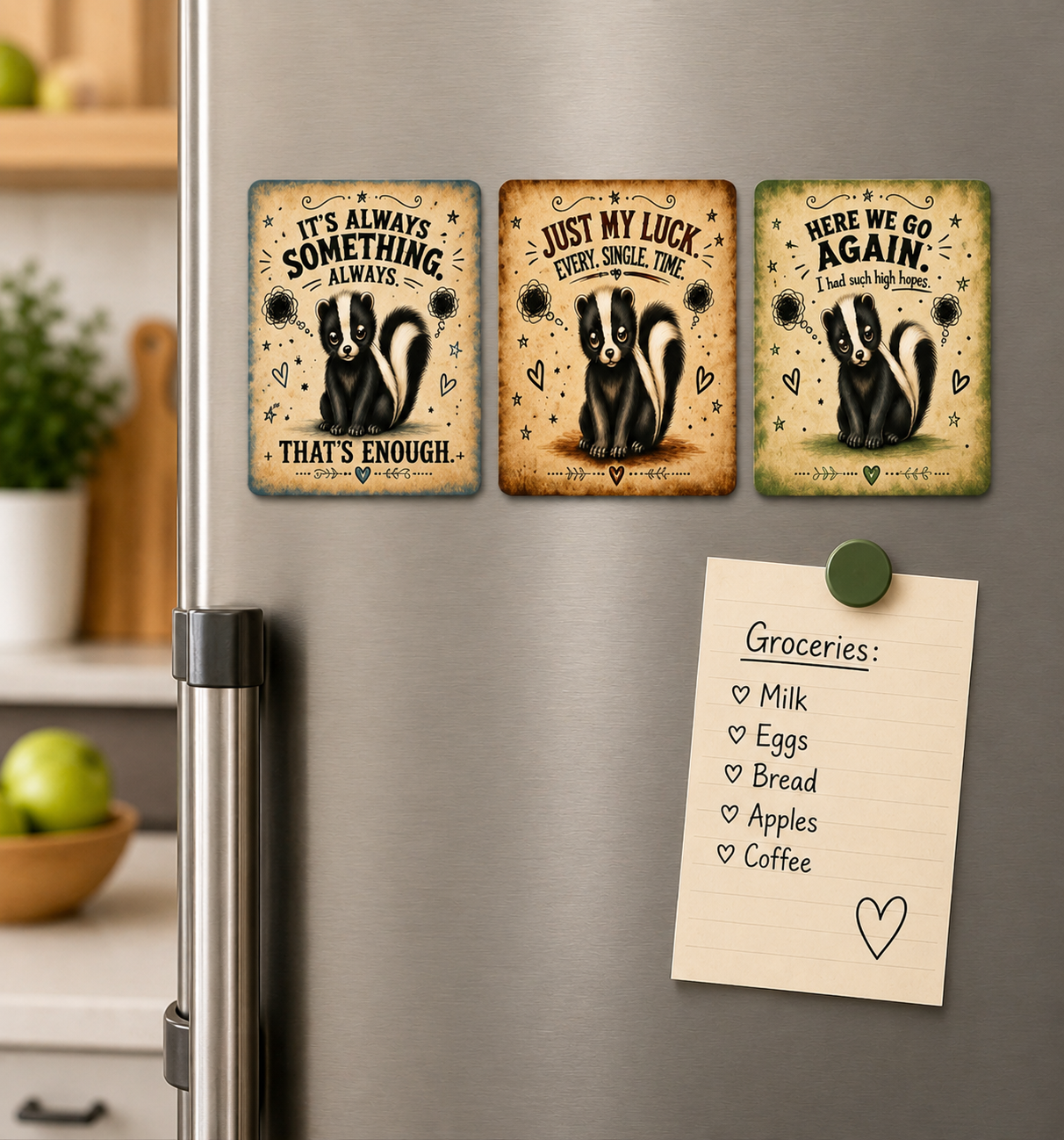 Three vintage-style skunk magnets are displayed on a stainless steel refrigerator, alongside a sticky note listing groceries. The background shows a softly blurred kitchen setting.
