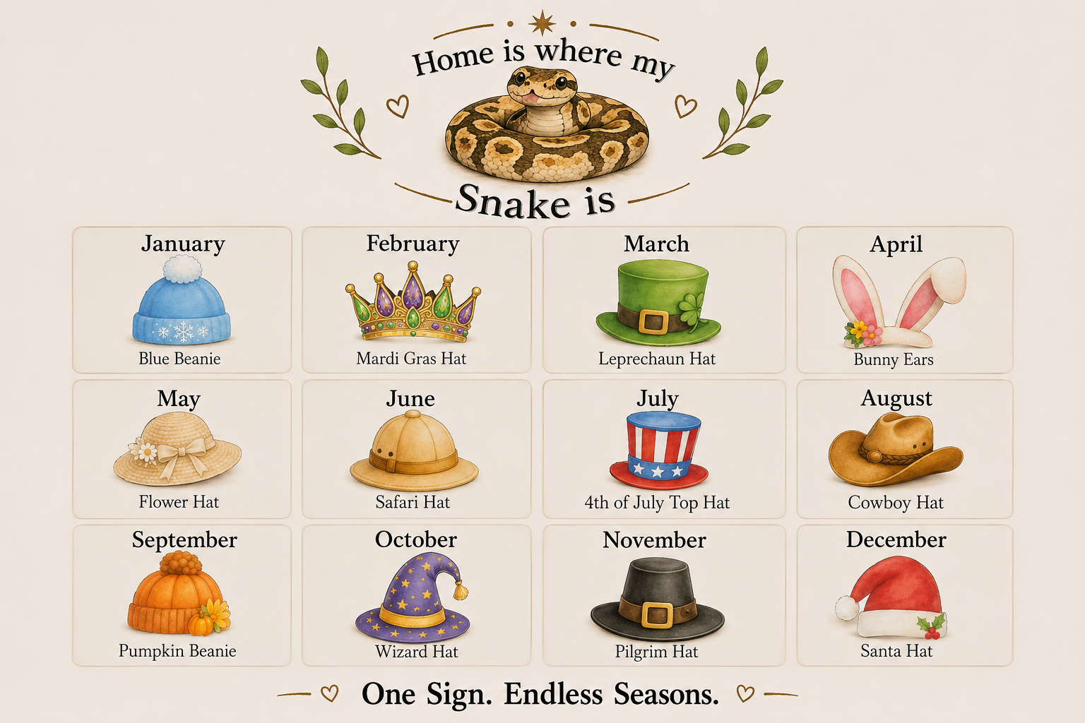 Calendar with snake-themed hats for each month, featuring a decorative title and illustrations.