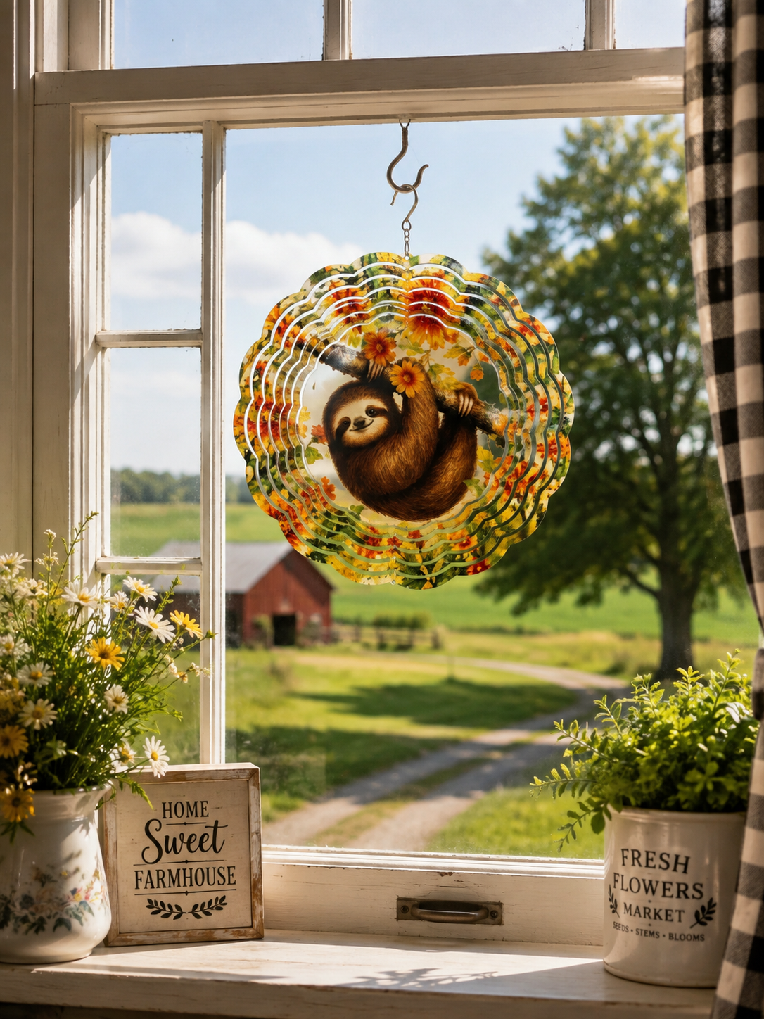 A circular wind spinner with a sloth illustration hanging in a window. The suncatcher features a colorful floral pattern around the edge and a brown sloth in the center.