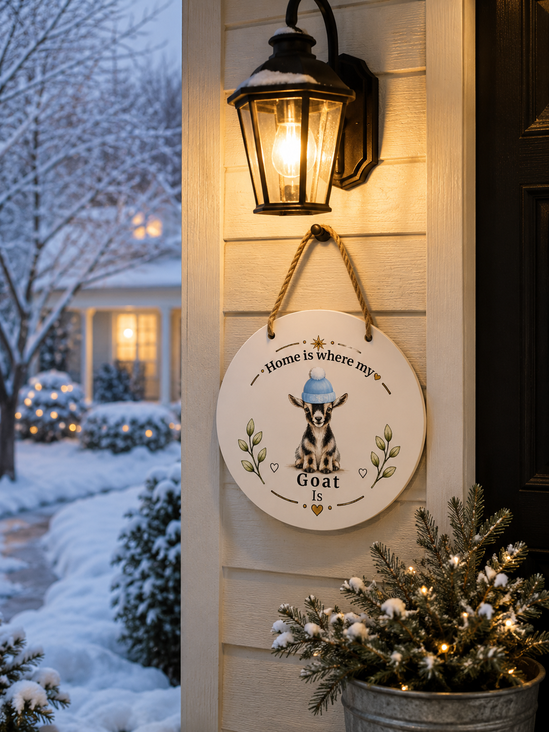 A round white decorative hanging sign with a goat illustration and the phrase “Home is where my Goat is,” displayed on a beige house exterior under a lit black wall lantern next to a snowy yard.